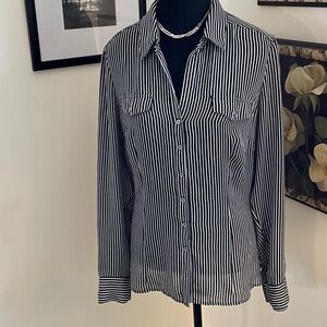 White House Black Market Black and White Striped Button-Up Blouse